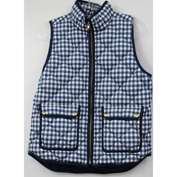 J. Crew Vest Down Puffer Womens Navy White Full Zip Plaid Gingham Feather Medium - Picture 1 of 10